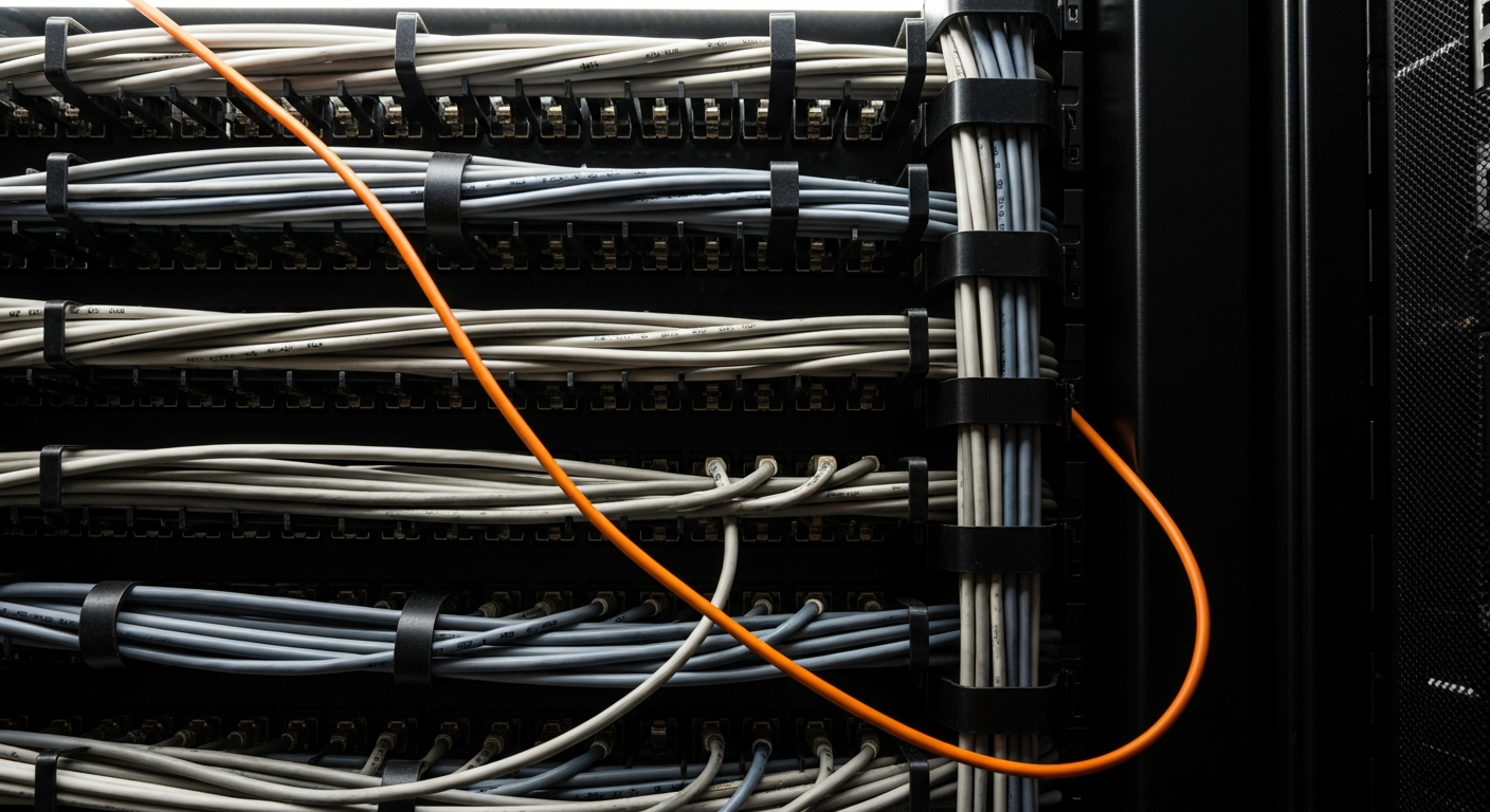 A close-up of a dense bundle of grey network cables inside a server rack, with a single orange cable looping diagonally across the frame.