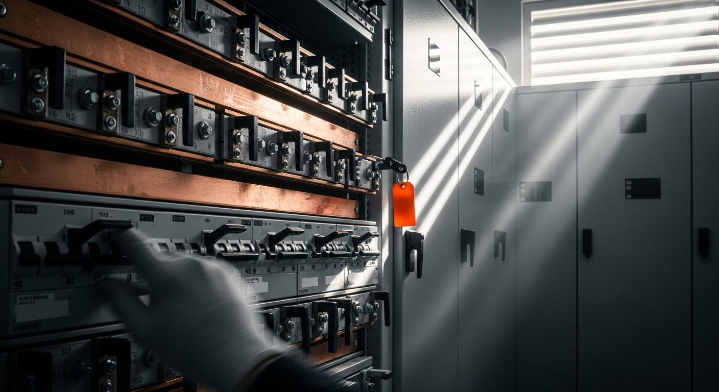 A close-up of copper electrical busbars and breaker switches in hard afternoon light, with one orange safety tag and a gloved hand reaching in from the edge.