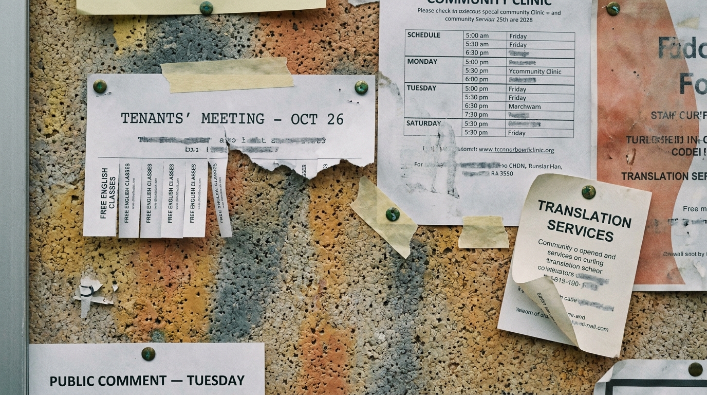 A layered community noticeboard on a public wall, covered in overlapping paper flyers and meeting notices held by oxidised brass thumbtacks.