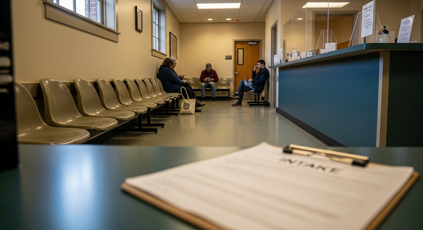 A nonprofit waiting area in morning light, three people seated at distance with their backs to camera, a reception counter and clipboard behind them.