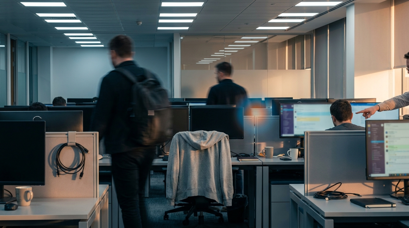 A long open-plan office floor of dual-monitor workstations compressed by a telephoto lens, with two figures in motion blur moving between desks under mixed fluorescent and warm afternoon light.