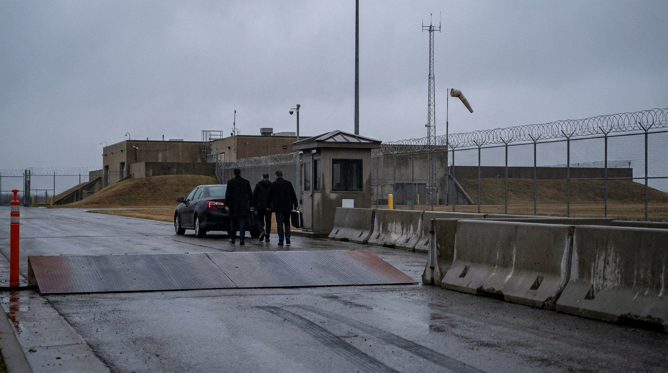 A hardened federal facility's vehicle sally-port at overcast dawn seen through a long lens, with a steel barrier and concrete chicane in front and three anonymous figures walking from a black car toward a booth against a low windowless building and razor-wire fence.