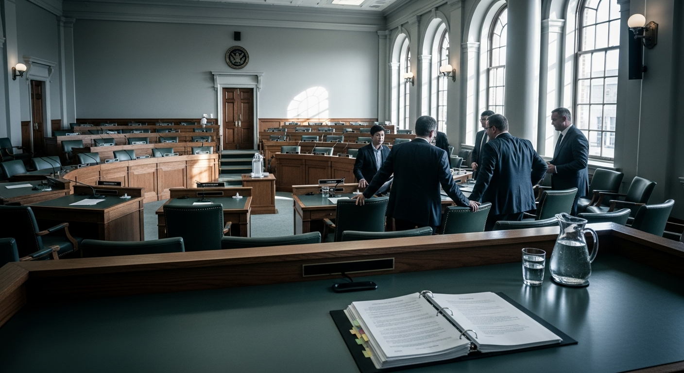 An empty legislative hearing chamber in afternoon light with three suited figures standing in conversation by a witness table that holds an open binder.