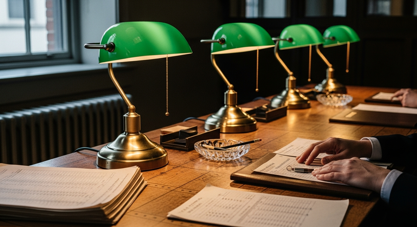 A row of green-shaded banker's lamps glowing over a long oak table stacked with ledger pages, a hand entering at the edge of the frame.