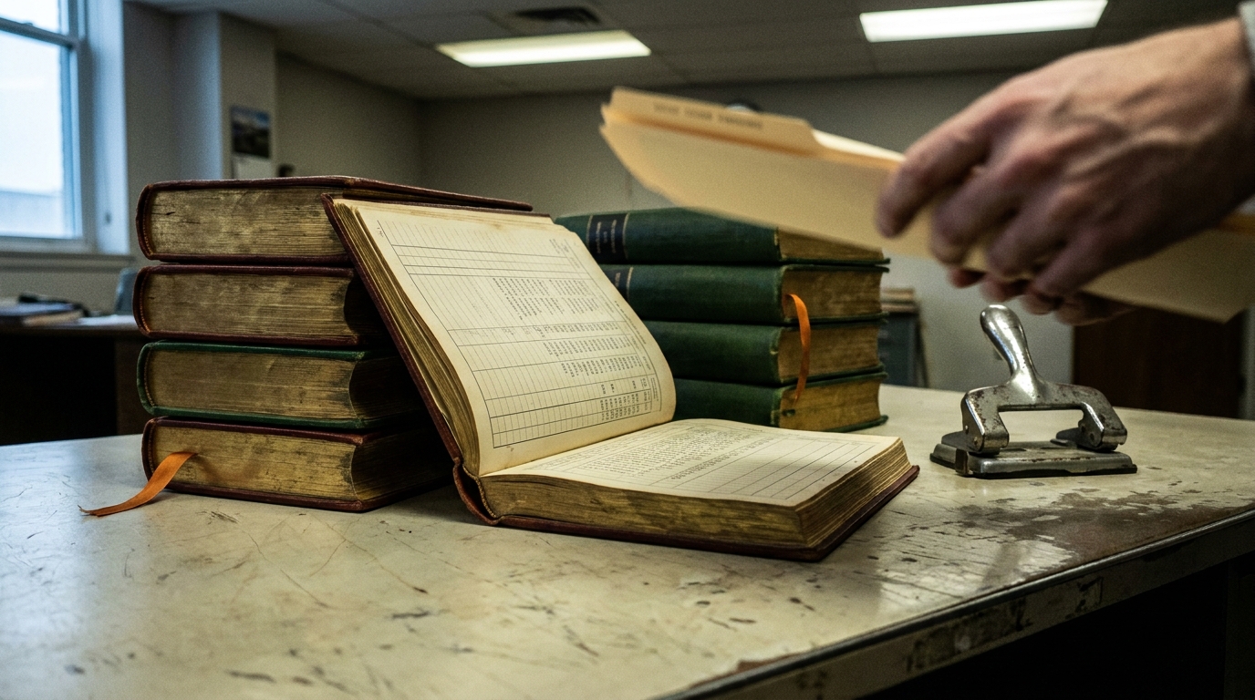 A bench of bound corporate share registers under fluorescent light, one open mid-page, with an anonymous hand reaching in from the right in motion blur.