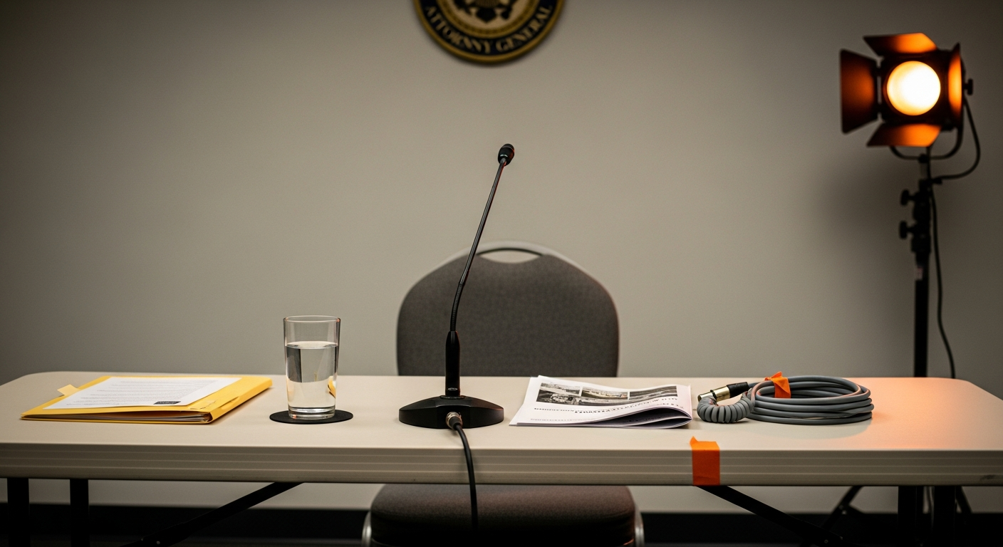 An empty press-row chair beside a folding table with a single microphone, a water glass on a manila folder, a discarded press kit and a coiled cable, lit by a still-on broadcast lamp.