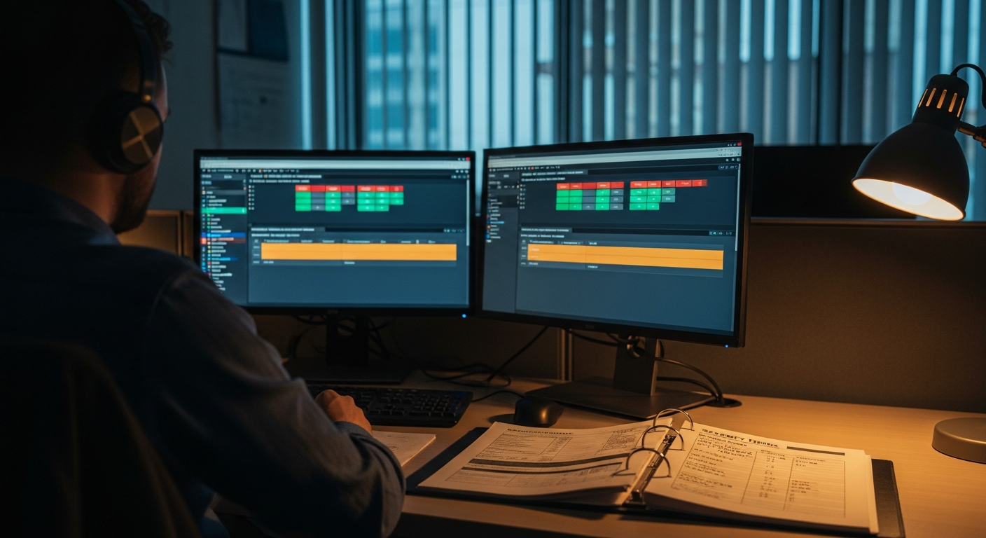 An analyst seen from behind sits at a dusk-lit shared desk with two monitors showing coloured dashboards and an open binder under a warm desk lamp.