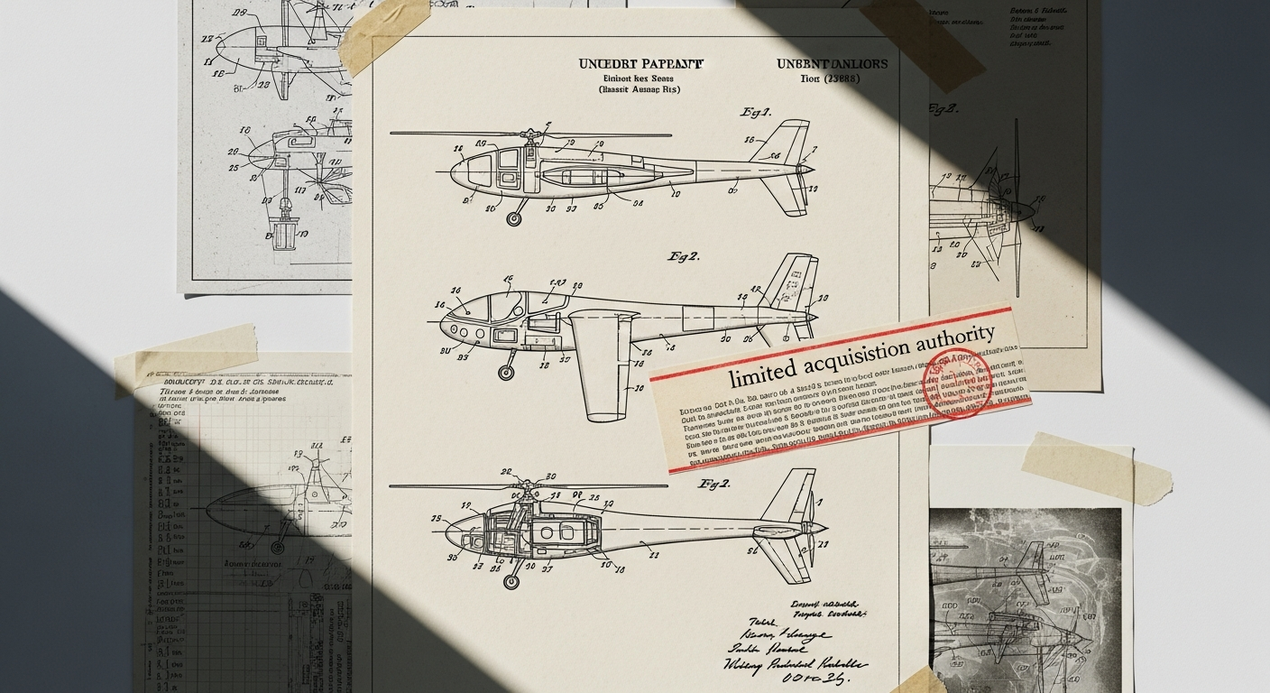 A hand-inked patent drawing of an unmanned aircraft on cream paper, partially overlaid by a torn legislative text strip stamped with a single orange seal, lit by hard diagonal afternoon sun.