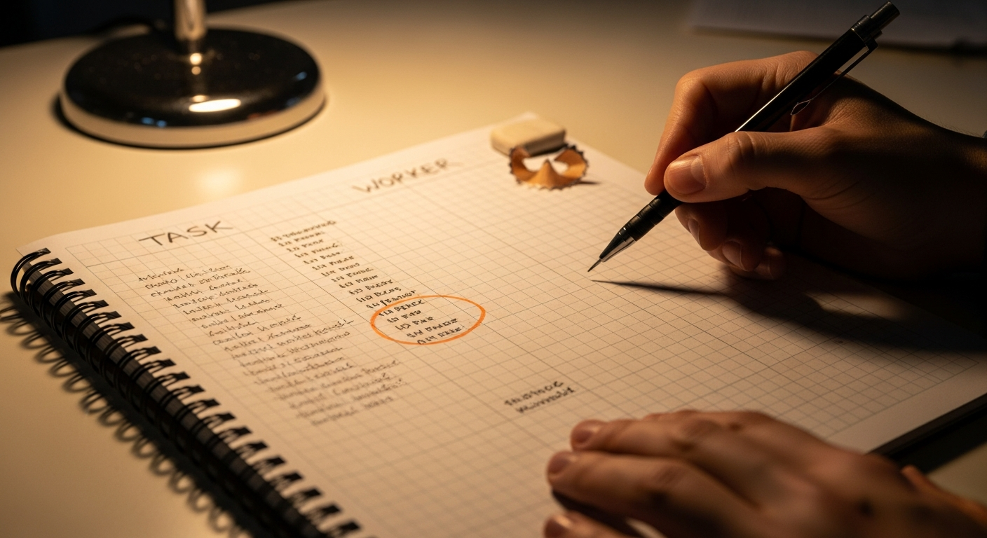 An open spiral notebook on a desk at dusk, with a hand-drawn two-column comparison and one row circled in orange highlighter; a hand enters from the lower right holding a pencil.