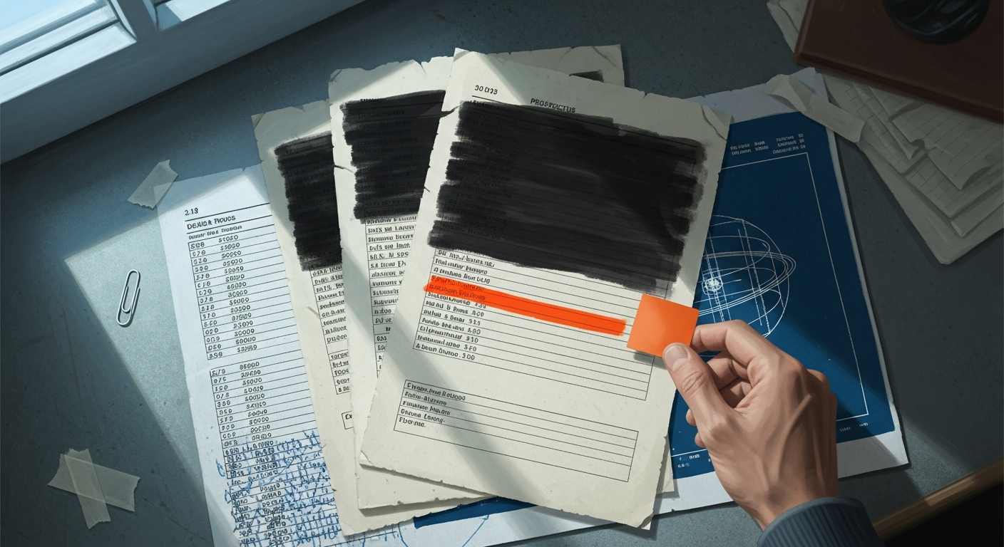 A top-down view of torn, heavily redacted prospectus pages on a worn desk at dawn, with an anonymous hand in motion blur reaching toward a single orange page-flag.