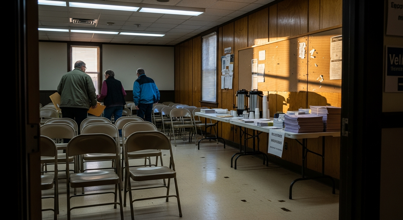A small-town municipal hearing room at dusk with folding chairs, a back table of photocopied paperwork, and three people walking in from behind toward their seats.